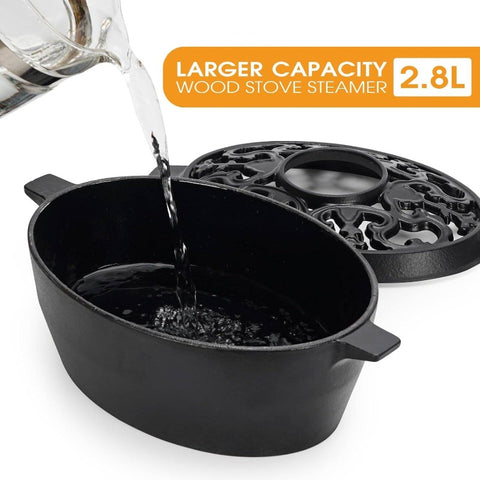 2.5 Quart Cast Iron Wood Stove Steamer & Humidifier - Large Capacity Rust-Resistant Fireplace Heater\u002FCooler-Free, Black Moisture Producer with -like Effect, Compatible with Wood Pellets\u002FBark ( Heating Device