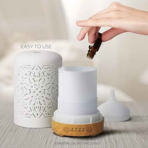 White Ceramic Soundwave technology Diffuser & Humidifier - 3.38oz Essential Oil Diffuser with Auto Shut-Off, 4-Timer, 7-Color Night, Cool Mist for Home\u002FOffice, Quiet Operation, for \u002FPets, Elegant Ceramic Design (No Chemicals)