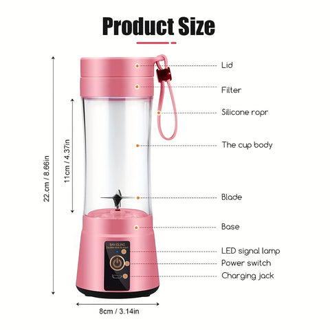 Pink Portable Blender Cup, Electric USB Juicer Blender, Mini Blender Portable Blender For Shakes And Smoothies, Juice, 12.85oz, 2000mAh, 6 Blade With Safety Lock, Food Grade PP, Easy Clean, Ideal For Travel - Fresh Juices Anywhere