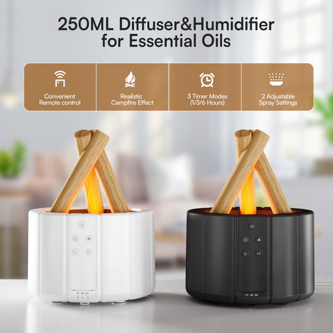 GUPUP 2pack black\u002F whiteCampfire Flame Fire Diffuser, Bonfire Aromatherapy Essential Oil Diffuser, Remote Control, Auto Shut-Off, Wood Cool Mist Humidifier for living room, Bedroom, Office, Halloween, Christmas