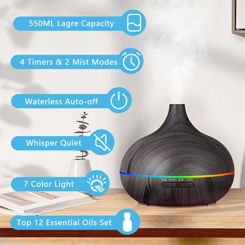 Diffuser for Home, 550ML Large Capacity Diffuser, Essential Oil Diffuser with 12 Bottles of Essential Oils, Aroma Diffuser with Remote Control for Hotel Spa Yoga Room - Humidifier with 7Colors LED Night Light for Bedroom Home Relaxation, Father's Day gift