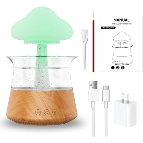 10.14oz Cool Mist Humidifier & Diffuser with 7-Color Night, Mushroom Cloud Lamp, White Noise Machine for Large Rooms, Home, Office - Essential Oil Compatible, Wood Grain Design, Plug-in (No \u002F)