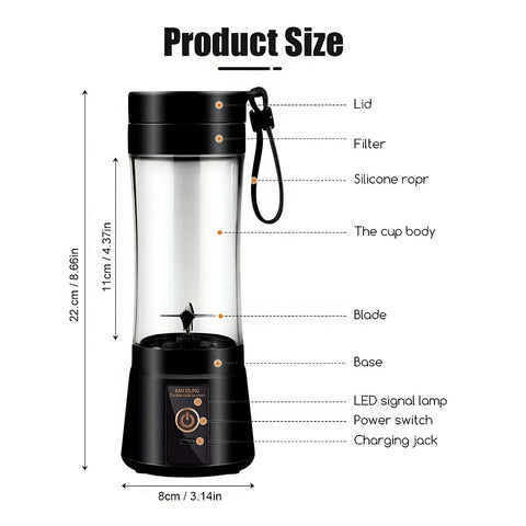 12.85 Oz Rechargeable Portable Blender Cup, Electric USB Juicer Blender, Mini Blender Portable Blender For Shakes And Smoothies, Juice, 380ml, Six Blades Great For Mixing, Easy Clean, Ideal For Travel, Office, Picnic- Fresh Juices Anywhere