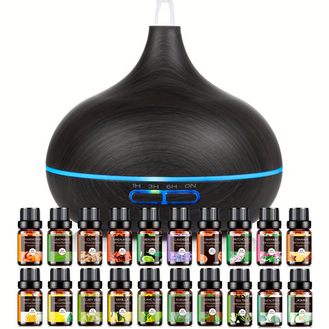 18.6oz Essential Oil Diffuser Wood Grain Ultrasonic Air Humidifier Cool 7 Color LED Light With 12 Oils
