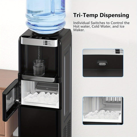 Hot And Cold Water Cooler with an Ice Maker Feature, Designed for 5-Gallon Bottles. It Has a Top-Loading Design And Includes a Child Safety Lock, Making It Suitable for Home, Office, Or Garage Use.