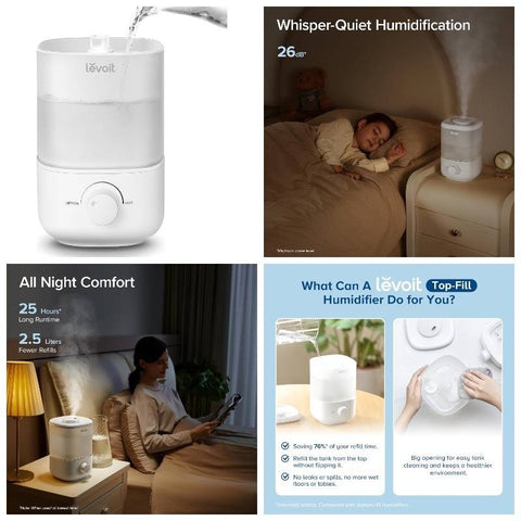 Classic 160 Top-Fill Cool Mist Humidifier 84.54oz\u002F2.98oz\u002Fh Large Room & Nursery Air Cooler, 28dB Quiet Operation, Auto Shut-Off &, Easy-Fill Tank, 25H Runtime for Bedroom, Sleep Aid, Home, Office (White)