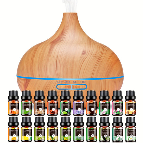 18.6oz Essential Oil Diffuser Wood Grain Ultrasonic Air Humidifier Cool 7 Color LED Light With 12 Oils
