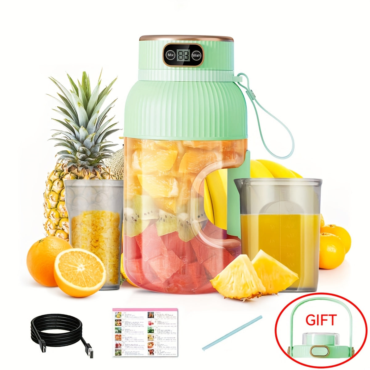 Portable Juicer, 2025 New Versatile Portable Juicer Cup, Portable Juicer Cup with Digital Display, Small Travel Blender for Milkshakes And Smoothies (cyan, White)