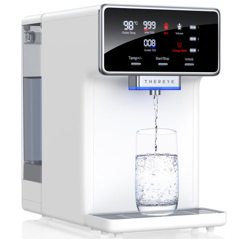 Rengue ER-WP02 Desktop Water Purifier with Heating, White US Standard, 0.26-2.64gal Capacity, Square Design, Plug Powered (120V), Kitchen & Bathroom Filtration, Modern Aesthetic, Userfriendly Operation