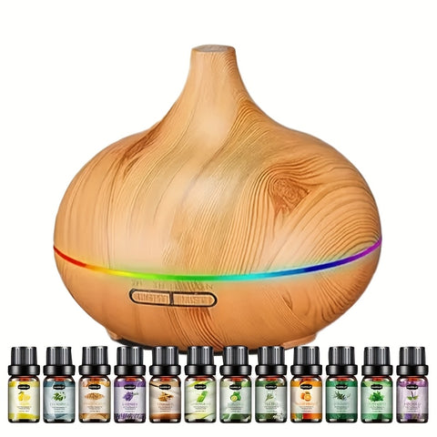 18.6oz Essential Oil Diffuser Wood Grain Ultrasonic Air Humidifier Cool 7 Color LED Light With 12 Oils