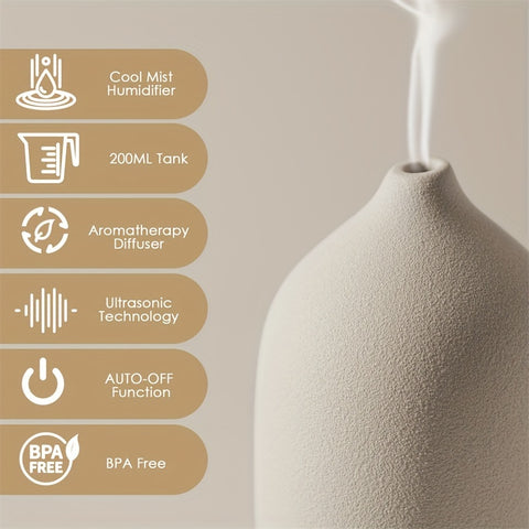 200ml Ceramic Humidifier, Essential Oil Diffuser For Home Bedroom, 4 Colours (Pure Black, Pure White, Light Wood Grain Base, Dark Wood Grain Base)