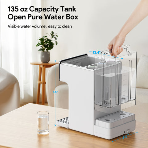 Rengue ER-WP02 Desktop Water Purifier with Heating, White US Standard, 0.26-2.64gal Capacity, Square Design, Plug Powered (120V), Kitchen & Bathroom Filtration, Modern Aesthetic, Userfriendly Operation