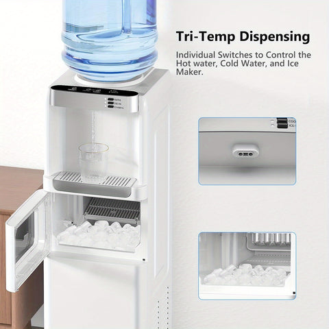 Hot And Cold Water Cooler with an Ice Maker Feature, Designed for 5-Gallon Bottles. It Has a Top-Loading Design And Includes a Child Safety Lock, Making It Suitable for Home, Office, Or Garage Use.