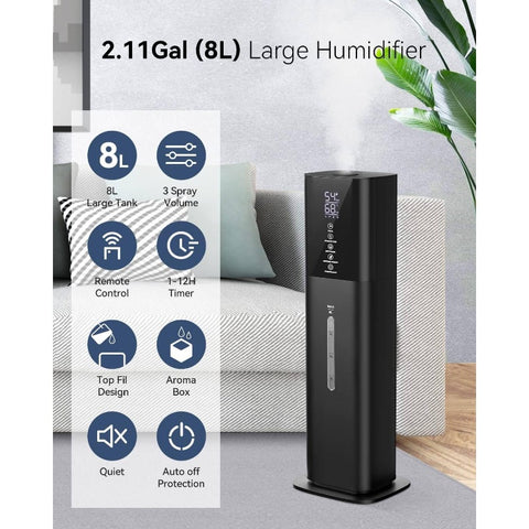 8L\u002F2.11Gal Large Room Soundwave technology Cool Mist Humidifier with Humidistat, Auto Mode & Timer, Quiet Operation, 360° Nozzle, 3 Speed Settings, Control for Bedroom,, Home, Plants - Low-Noise Humidifiers for Adults