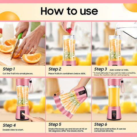 Pink Portable Blender Cup, Electric USB Juicer Blender, Mini Blender Portable Blender For Shakes And Smoothies, Juice, 12.85oz, 2000mAh, 6 Blade With Safety Lock, Food Grade PP, Easy Clean, Ideal For Travel - Fresh Juices Anywhere