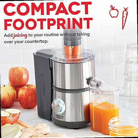 Dash Compact Centrifugal Juicer Press Juicing Machine 2 Speed 2 Wide Feed Chute for Whole Fruit Vegetable Anti drip Stainless Steel Sieve Cool Grey
