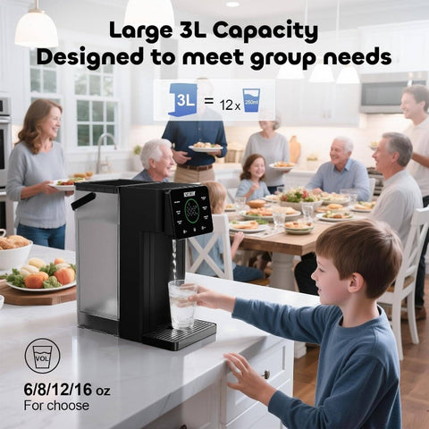 Instant Hot Water Dispenser Countertop Kettle with 6 Temperature Settings & 4 Volume Options, 101.44oz Removable BPA-Free Tank, Rapid Heating, Battery-Powered (AA) with Auto Shut-Off, Digital Display & Spill-Resistant Lid for Home, Office, Kitchen