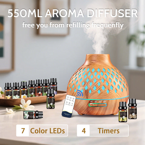 Diffuser for Home, 550ML Large Capacity Diffuser, Essential Oil Diffuser with 12 Bottles of Essential Oils, Aroma Diffuser with Remote Control for Hotel Spa Yoga Room - Humidifier with 7Colors LED Night Light for Bedroom Home Relaxation, Father's Day gift