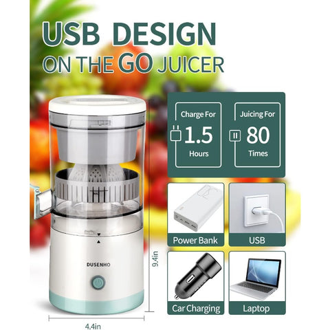 Rechargeable Electric Citrus Juicer with USB-Powered Operation & Cleaning Brush - Portable Cordless Citrus Press for Oranges, Lemons, Grapefruits - Compact Design with Ergonomic Handle, White & Green, USB-Powered (No Batteries\u002FBattery-Free)