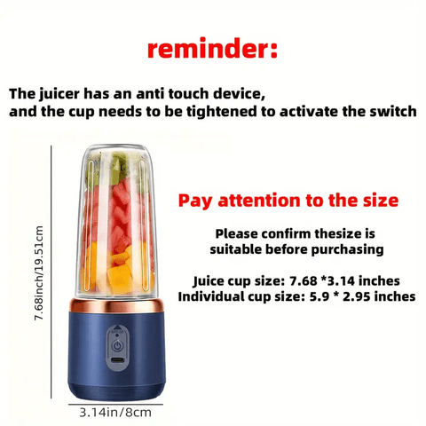 13.53oz Portable 2-in-1 Electric Juicer With Dual Cups, Wireless Rechargeable Mini Juicer Blender With 6 Blades, Easy To Clean, Ideal For Smoothies, - Juicing Station | Modern Design | Food Grade ABS Plastic, 1500mAh Battery, Juicer Blender