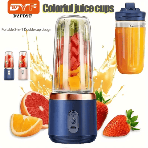 13.53oz Portable 2-in-1 Electric Juicer With Dual Cups, Wireless Rechargeable Mini Juicer Blender With 6 Blades, Easy To Clean, Ideal For Smoothies, - Juicing Station | Modern Design | Food Grade ABS Plastic, 1500mAh Battery, Juicer Blender