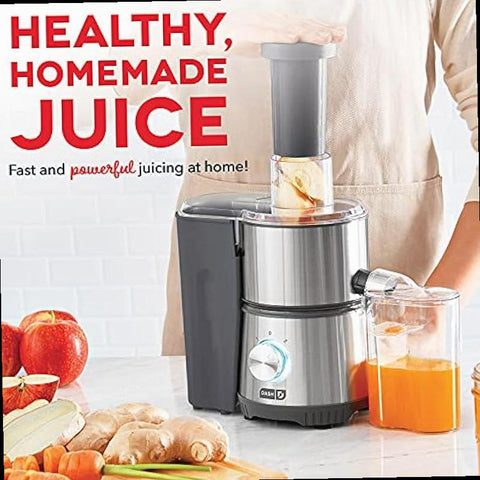 Dash Compact Centrifugal Juicer Press Juicing Machine 2 Speed 2 Wide Feed Chute for Whole Fruit Vegetable Anti drip Stainless Steel Sieve Cool Grey