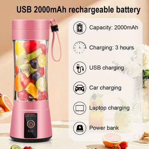 Pink Portable Blender Cup, Electric USB Juicer Blender, Mini Blender Portable Blender For Shakes And Smoothies, Juice, 12.85oz, 2000mAh, 6 Blade With Safety Lock, Food Grade PP, Easy Clean, Ideal For Travel - Fresh Juices Anywhere