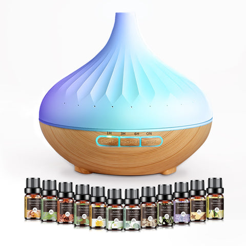 18.6oz Essential Oil Diffuser Wood Grain Ultrasonic Air Humidifier Cool 7 Color LED Light With 12 Oils