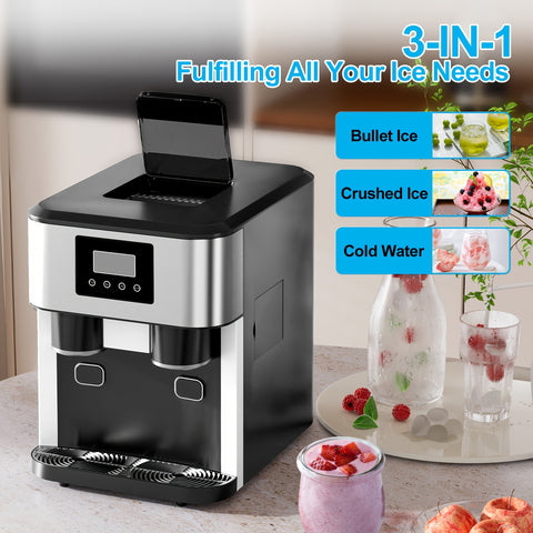 3-in-1 Countertop Ice Maker & Crusher + Water Dispenser 40LBS\u002F24H Ice Output with 3 Sizes & Crush Function, Dual-Fill Auto\u002FManual Modes, Smart Touch LCD W\u002FAlerts & Auto-Clean, 1.8L Tank for Home\u002FOffice\u002FCafe (Stainless Steel)