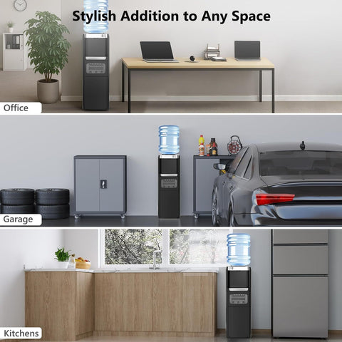 Hot And Cold Water Cooler with an Ice Maker Feature, Designed for 5-Gallon Bottles. It Has a Top-Loading Design And Includes a Child Safety Lock, Making It Suitable for Home, Office, Or Garage Use.