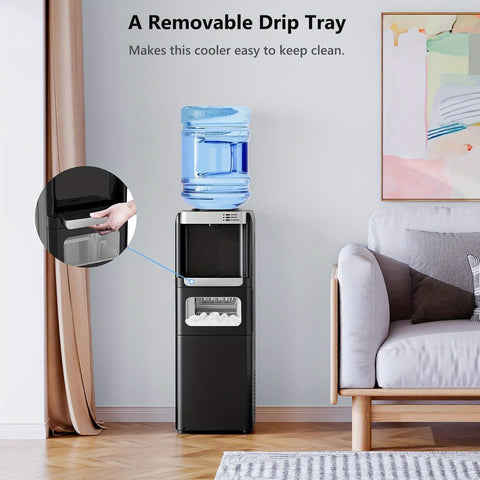 Hot And Cold Water Cooler with an Ice Maker Feature, Designed for 5-Gallon Bottles. It Has a Top-Loading Design And Includes a Child Safety Lock, Making It Suitable for Home, Office, Or Garage Use.