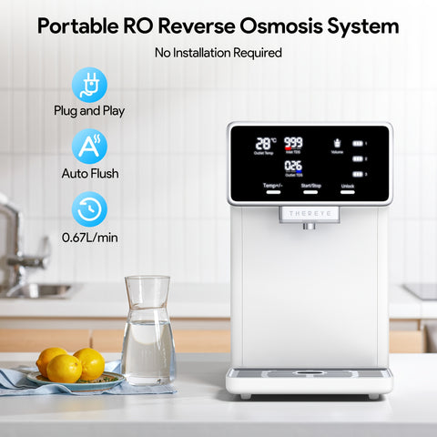 Rengue ER-WP02 Desktop Water Purifier with Heating, White US Standard, 0.26-2.64gal Capacity, Square Design, Plug Powered (120V), Kitchen & Bathroom Filtration, Modern Aesthetic, Userfriendly Operation