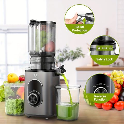 Slow Masticating Juicer with 4.35'' Wide Feed Chute - Compact Cold Press Juicer for Home & Travel, High Juice Yield, Easy to Clean, Durable Food-Grade Plastic Design, Portable Juicer, Kitchen Appliance, Modern Kitchenware, Easyclean Material
