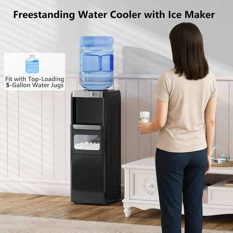 Hot And Cold Water Cooler with an Ice Maker Feature, Designed for 5-Gallon Bottles. It Has a Top-Loading Design And Includes a Child Safety Lock, Making It Suitable for Home, Office, Or Garage Use.