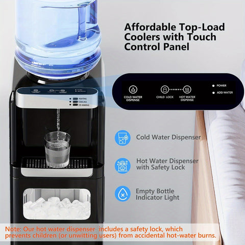 Hot And Cold Water Cooler with an Ice Maker Feature, Designed for 5-Gallon Bottles. It Has a Top-Loading Design And Includes a Child Safety Lock, Making It Suitable for Home, Office, Or Garage Use.
