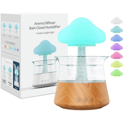 10.14oz Cool Mist Humidifier & Diffuser with 7-Color Night, Mushroom Cloud Lamp, White Noise Machine for Large Rooms, Home, Office - Essential Oil Compatible, Wood Grain Design, Plug-in (No \u002F)