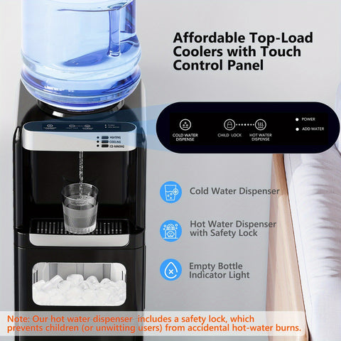 Water Dispenser with Ice Maker, 3-in-1 Hot And Cold Water Cooler with Built-in Bullet Ice Maker Machine, 33lbs\u002F 24H, Top Loading for 3-5 Gallon Bottle, Child Safety Lock, Espresso Machine 20 Bar, Cappuccino & Latte Machine with Automatic Milk Frother