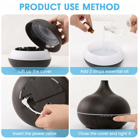 18.6oz Essential Oil Diffuser Wood Grain Ultrasonic Air Humidifier Cool 7 Color LED Light With 12 Oils